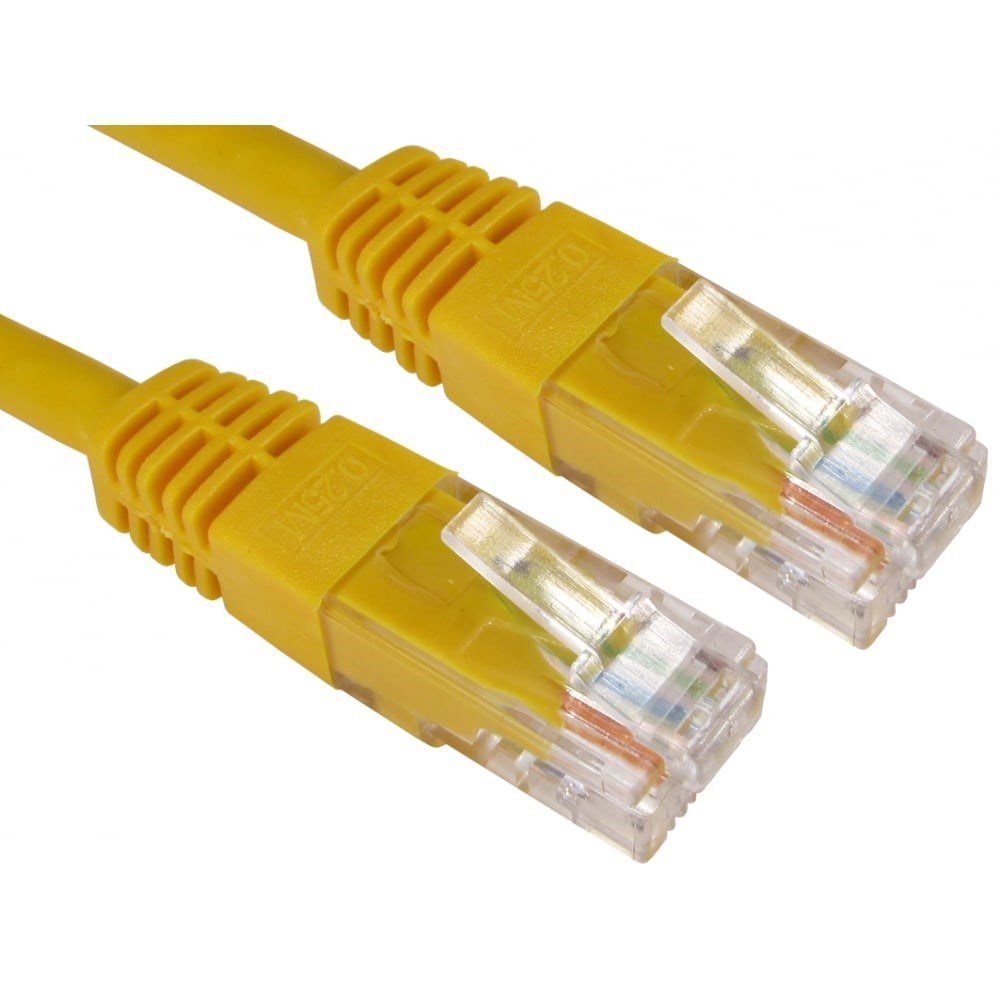 Yellow 2-meter Cat6 U/UTP networking cable featuring clear plastic connectors with metal pins, designed for high-speed data transmission.