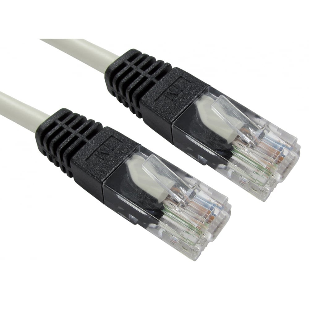 Grey 5-meter Cat6 U/UTP networking cable with transparent connectors, featuring a sturdy black plastic housing and eight internal wires for high-speed data transmission.