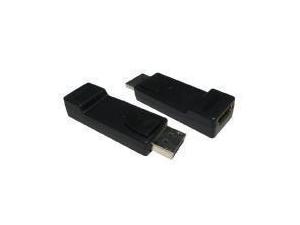 Black plastic cable gender changer with two ends; one DisplayPort and one HDMI, designed for connecting devices with different port types.
