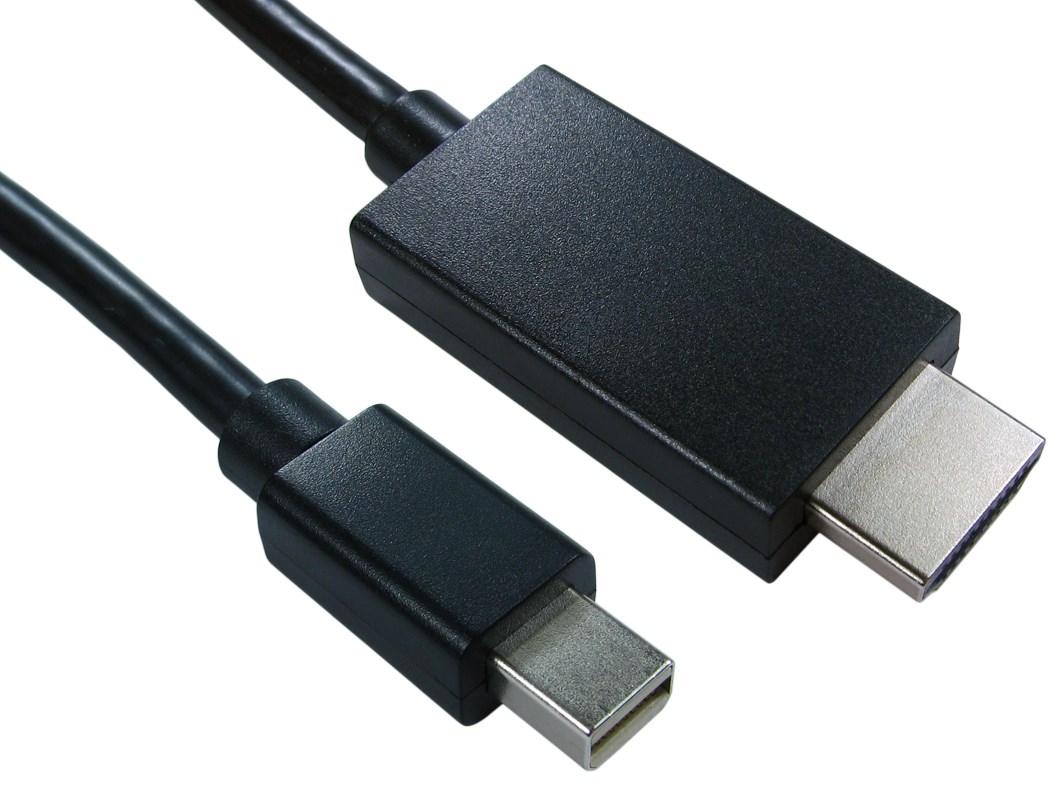 Black HDMINIDP-HDMI video cable adapter featuring a mini DisplayPort connector on one end and a standard HDMI connector on the other, with a durable rubberized finish.