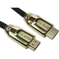 Black and gold HDMI cable, 2 meters, with gold-plated Type A connectors, braided exterior by Cables Direct.