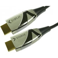 Black Cables Direct HDMI cable with gold-plated connectors labeled "Display" and "Source" on sleek silver casing.