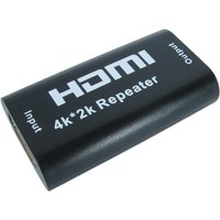 Black HDMI 4K AV repeater with "input" and "output" labeled ports, compact rectangular design by Cables Direct.