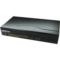 Black Cables Direct HDMI splitter with two HDMI ports, labeled "NEWlink" and "HDMI 2.0 Splitter" in gold text.