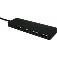 Black rectangular USB 2.0 hub with four ports and attached cable.