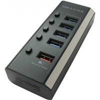 Black Cables Direct USB 3.2 Gen 1 hub with five ports and individual power switches on top.