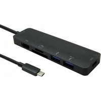 Black Cables Direct NLUSB3C-6PHUB dock with USB-C cable, two USB 3.2 ports, HDMI, and SD card slot.