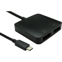 Black USB-C to dual HDMI adapter with two ports and attached cable.