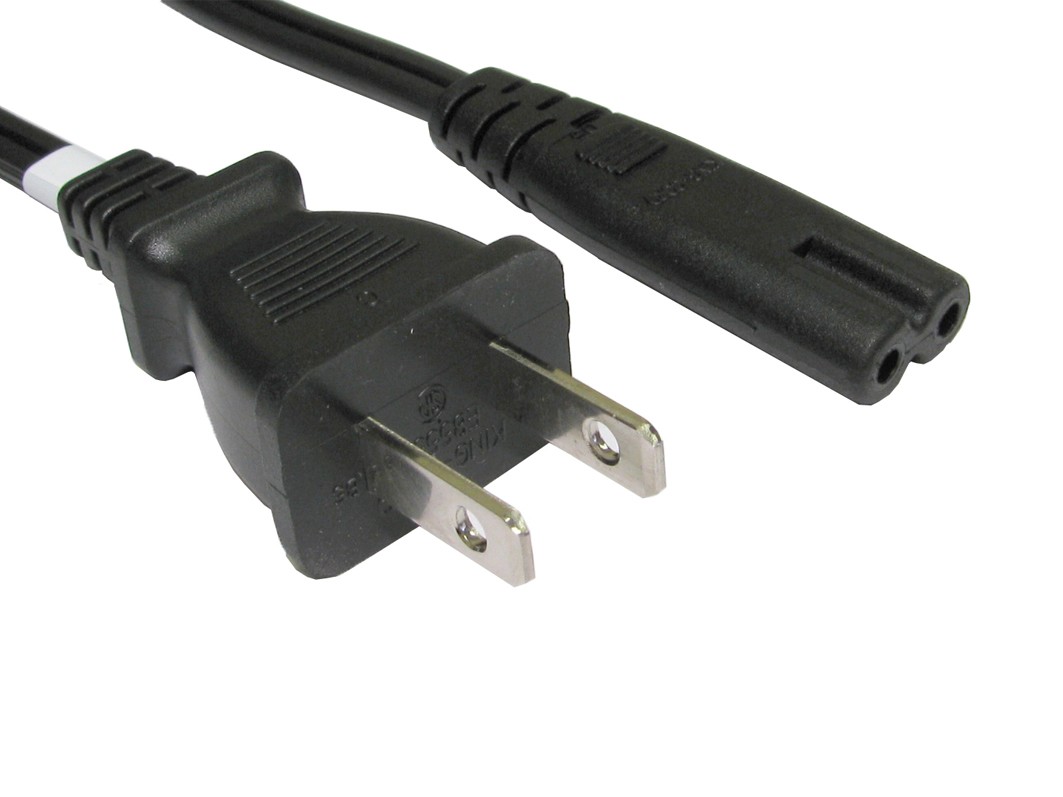 Black 2-meter power cable featuring a standard two-prong plug on one end and a connector on the other, designed for reliable electrical connections.