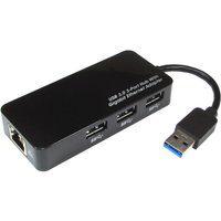 Black Cables Direct USB 3.0 Gigabit Ethernet hub with three USB ports and one Ethernet port.