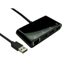 Black Cables Direct USB 3.2 Gen laptop dock with three USB ports and Ethernet port, attached cable with USB connector.