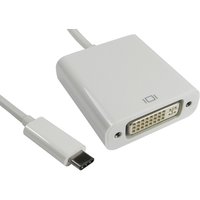 White USB-C to DVI adapter with rectangular design and cable, supports 1920 x 1080 resolution.