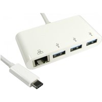 White USB3C-ETHGHUBA dock with three USB ports, Ethernet port, and USB-C connector.