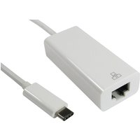 White USB-C to Ethernet adapter with Ethernet port and USB-C connector, compact rectangular design.