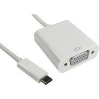 White USB-C to VGA adapter with rectangular body and VGA port, supports 2048 x 1152 pixels, by Cables Direct.