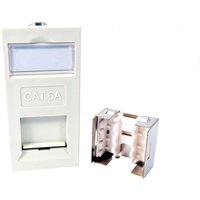 White RJ-45 wire connector with CAT6A label, modular design, includes detachable clip, by Cables Direct.