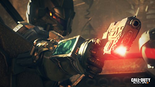 A futuristic soldier in armor aims a sleek, black handgun, with a glowing red light, set against a gritty, industrial background; "Call of Duty Black Ops 3" logo visible.
