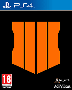 Black Ops 4 game cover for PlayStation 4 featuring a bold orange emblem with three vertical lines on a black background, along with the Activision logo and age rating.