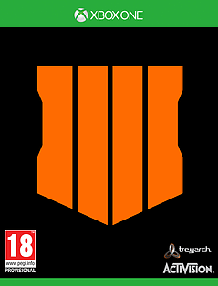 Black Ops 4 for Xbox One features a bold orange emblem on a black background, with the Activision logo and age rating of 18 in the bottom left corner.