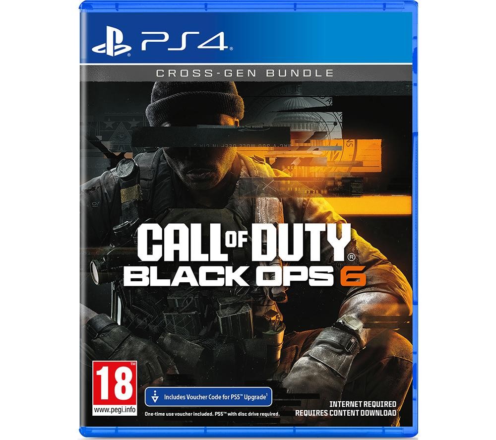 Blue PlayStation 4 game case featuring "Call of Duty: Black Ops 6" cover art, showcasing a soldier in tactical gear with a dark background and vibrant orange accents.