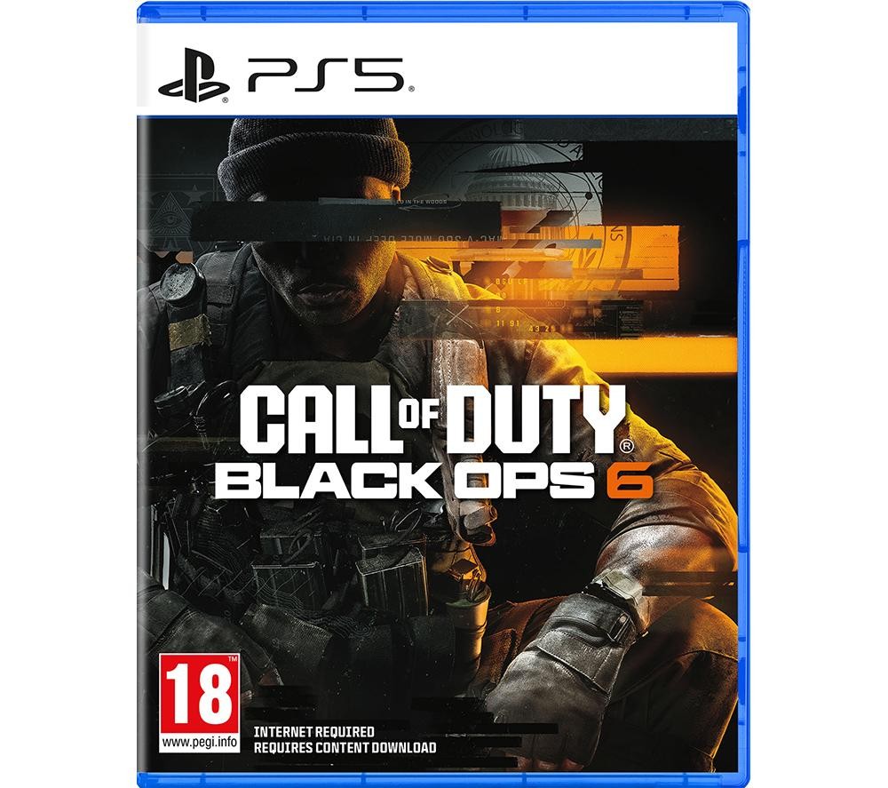 Cover art for "Call of Duty: Black Ops 6" featuring a soldier in tactical gear, with a dark background and orange accents, in a blue PlayStation 5 case.