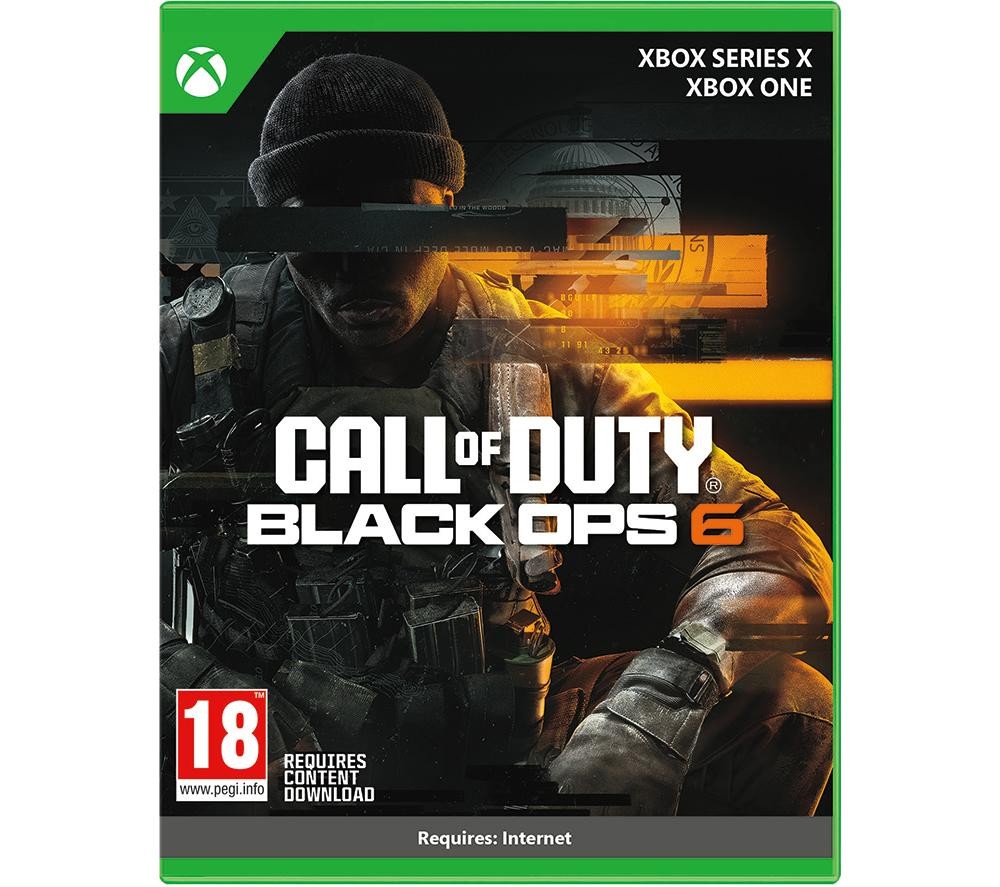 Green game case featuring "Call of Duty: Black Ops 6" title, with a soldier silhouette and black graphics, labeled for Xbox Series X and Xbox One, rated 18+.