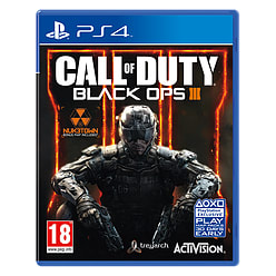 Cover art for "Call of Duty Black Ops III" featuring a soldier in a dark suit, with orange and black accents, set against a black background, with the PlayStation 4 logo at the top.