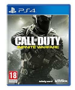 Cover art for "Call of Duty: Infinite Warfare" featuring a soldier in tactical gear, holding a weapon, with a grey and yellow color scheme and the PlayStation 4 logo at the top.