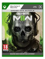 Green Xbox Series X game case featuring "Call of Duty: Modern Warfare II" with a skull-faced soldier on the cover, labeled for ages 18 and up, and marked as a cross-gen bundle.
