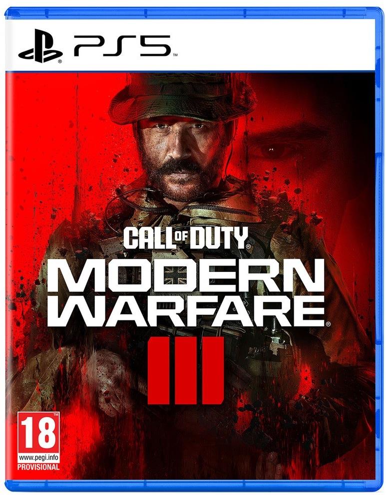 Cover art for "Call of Duty: Modern Warfare III" featuring a soldier in tactical gear against a red background, with the game's title prominently displayed in bold white letters.