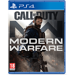 Blue PlayStation 4 game case featuring "Call of Duty Modern Warfare" title, with a soldier in tactical gear on the cover and a mature content rating of 18+.