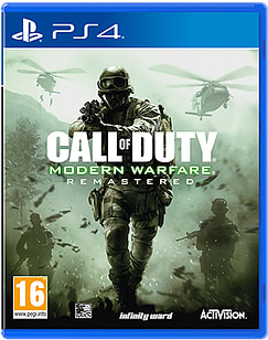 Cover art for "Call of Duty: Modern Warfare Remastered" featuring soldiers in combat gear, helicopters overhead, with a green and black color scheme, and the PlayStation 4 logo.