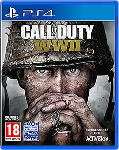 Cover art for "Call of Duty: WWII" features a soldier in a helmet, with a gritty expression, set against a dark background, with the title prominently displayed in yellow and black.