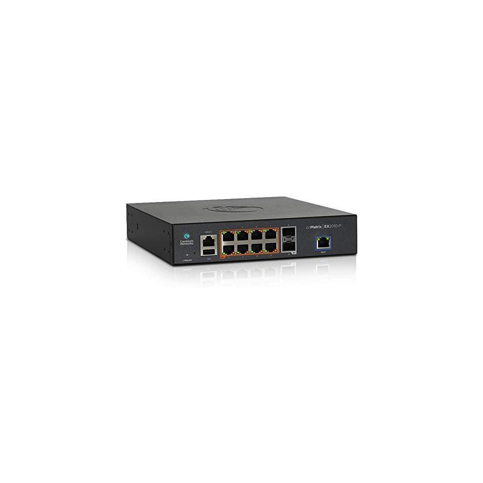 Black managed switch with eight Gigabit Ethernet ports, two USB ports, and a power input, featuring a sleek, compact design suitable for networking setups.