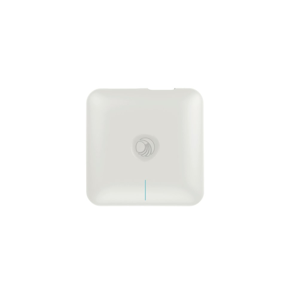 White square wireless access point with a central logo and a blue LED indicator, designed for high-speed connectivity at 3850 Mbit/s by Cambium Networks.