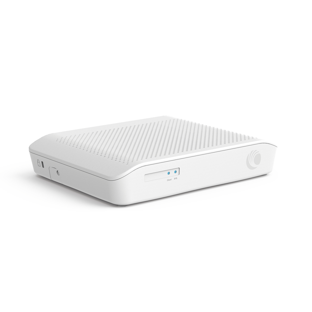White Cambium Networks NSE3000 wired router with a sleek design, featuring a textured top, LED indicators, and multiple ports for Gigabit Ethernet connectivity.