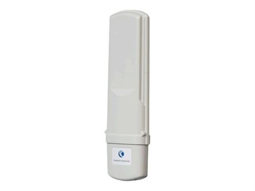 White, sleek subscriber module with a rounded top and a rectangular base, featuring the Cambium Networks logo on the front, designed for wireless connectivity.