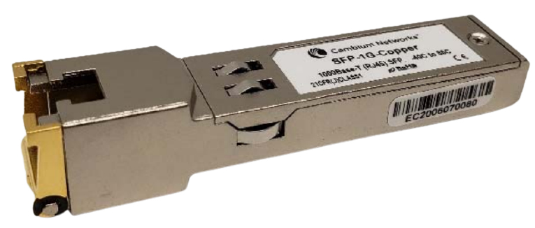 Cambium Networks SFP-1G-COPPER transceiver module in metallic silver with a gold connector, featuring a label with model number and specifications for 1000 Mbit/s data transfer.