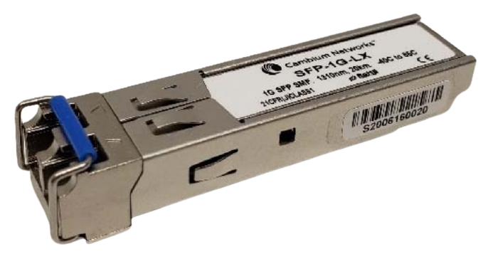 Cambium Networks SFP-1G-LX network transceiver module in a metallic casing, featuring a blue latch, labeled with specifications and designed for fiber optic connections.