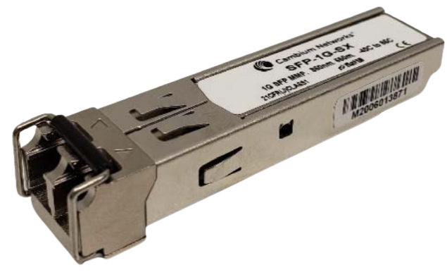 Cambium Networks SFP-1G-SX transceiver module in silver metal, featuring a compact design with a label on the side, used for fiber optic networking at 1000 Mbps.
