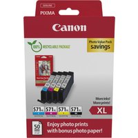 Canon CLI-571XL multi pack ink cartridges in black, cyan, magenta, yellow with high-capacity packaging.