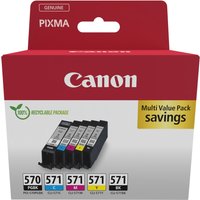 Canon ink cartridge pack, 5 pieces in black, cyan, magenta, yellow, in red and white box with savings label.