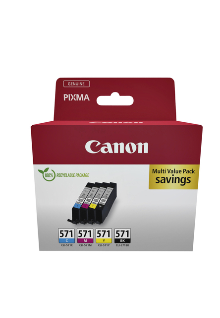 Canon CLI-571 ink cartridges pack featuring four colors: black, cyan, magenta, and yellow, in a cardboard multipack with a red top and clear labeling.
