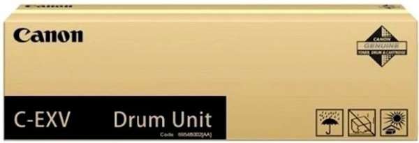 Gold box with black text labeled "Canon C-EXV Drum Unit," featuring icons for protection and compatibility, designed for Canon IR-C 5535, capable of printing 400K pages.