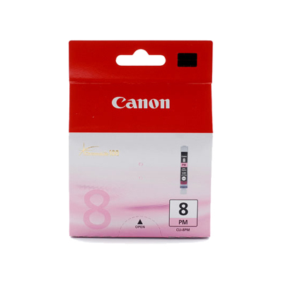 Canon CLI-8PM Photo Magenta cartridge packaging featuring a pink and white design, with a prominent red Canon logo and a clear label indicating the cartridge type and color.