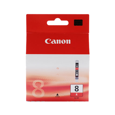 Red packaging featuring the Canon logo, with a prominent "8" and "R" on the front, indicating it's an original CLI-8R cartridge for printers.