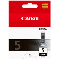Canon PGI-5BK black ink cartridge in red and white packaging, 505 pages, pigmented ink, with Canon logo.