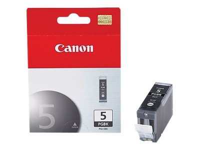 Black ink cartridge in a blister pack with red and white Canon branding, featuring a prominent "5" and "PGI-5BK" label, designed for high-quality printing.