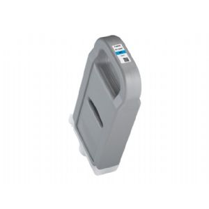 Gray ink cartridge with a handle, labeled "Canon Pfi 1700Pc Photo Cyan," designed for professional printers, featuring a capacity of 700 ml and a sleek, ergonomic shape.