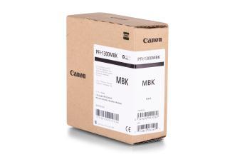 Canon PFI-1300MBK Matte Black ink cartridge packaging, featuring a brown cardboard box with a white label displaying product details and specifications.